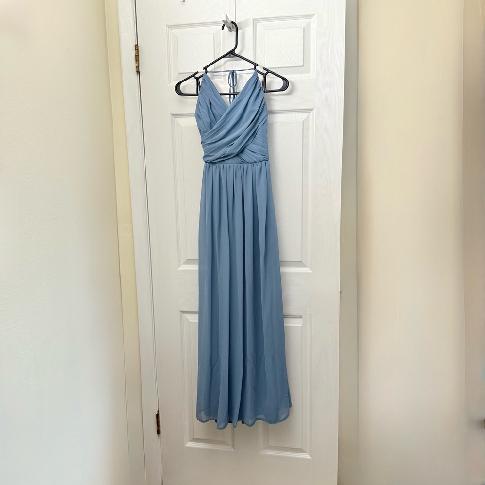 Bill Levkoff Slate Blue Halter Bridesmaid Gown Maxi Dress